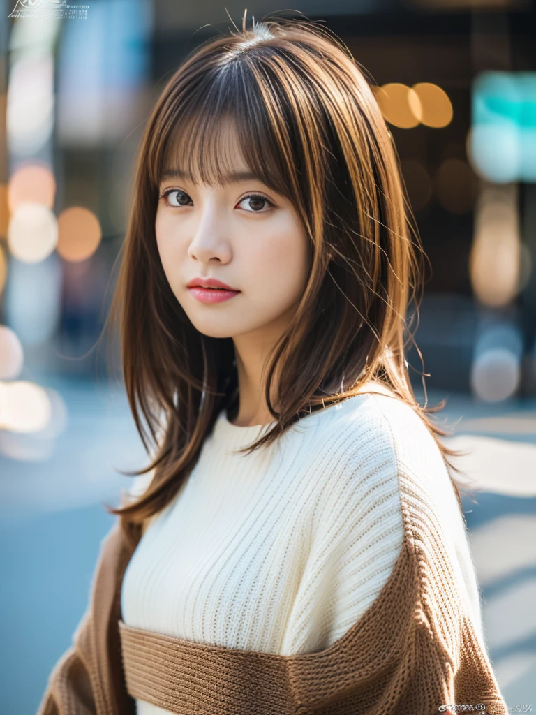 Ultra High Definition, Superior Quality, Premier Quality, ultra detailed, Photorealistic, 8k, RAW Photos, highest quality, masterpiece, Attractive girl, Stunning girl, Brown Hair, Shoulder Length Layered, asymmetrical bangs, K-pop Idol, Sophisticated, Stylish, white knit, Shibuya, 
