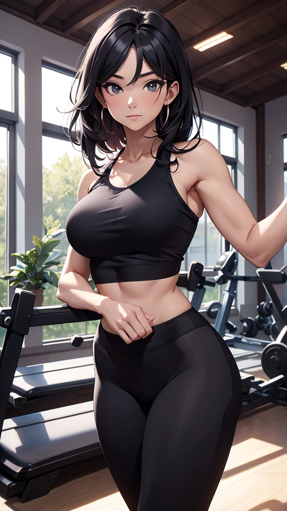 (masterpiece), (4k), ) (vivid colors), (evening light) 30 year old woman, with black hair, slightly muscular dressed like a yoga teacher at a gym