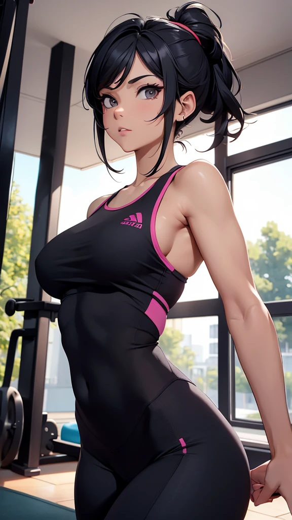 (masterpiece), (4k), ) (vivid colors), (evening light) 30 year old woman, with black hair, slightly muscular dressed like a yoga teacher at a gym