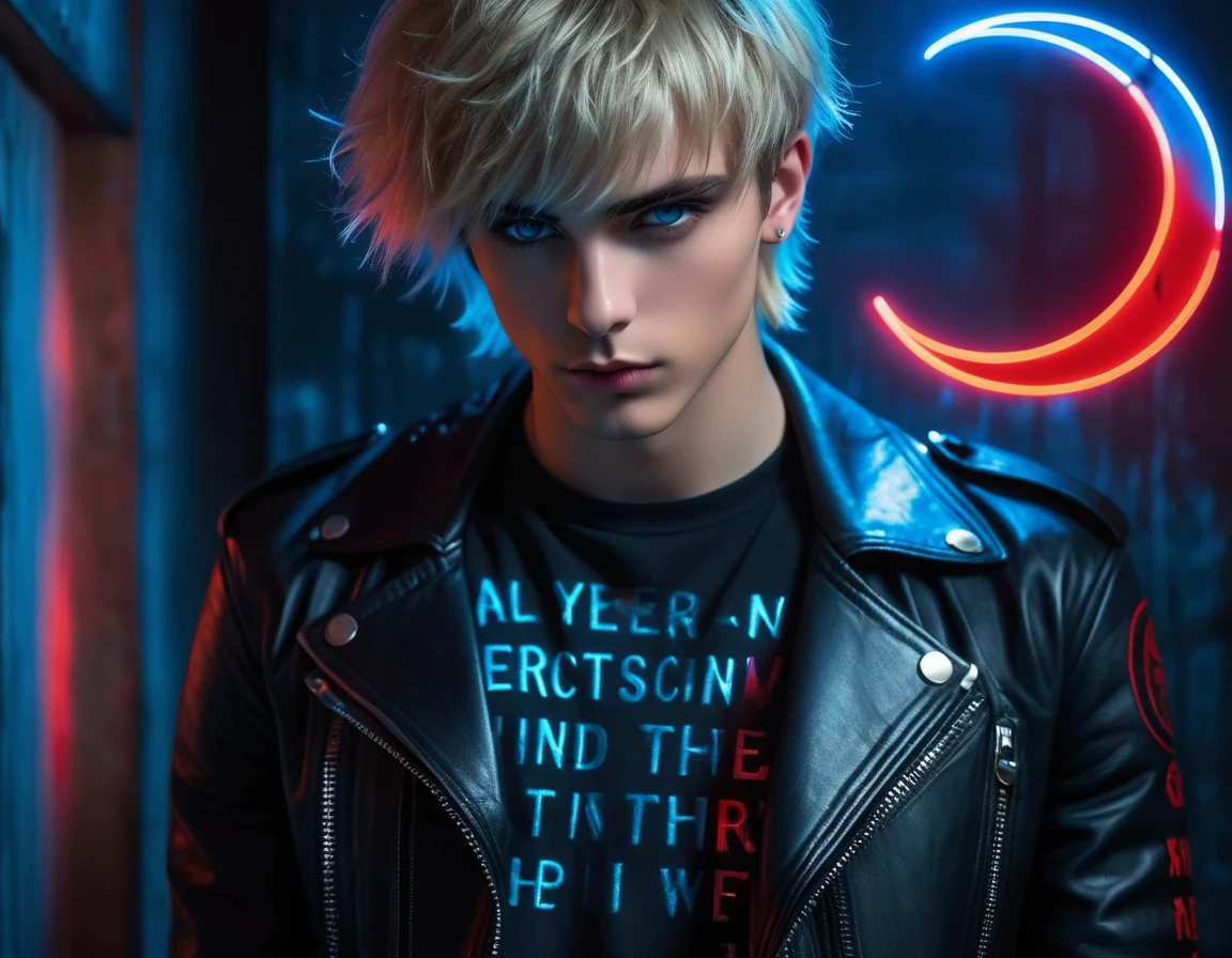 Hyper realistic, dark vibes, solo, attractive young guy, male, 22 years, (holding knife:1.1) pale skin, blue eyes, (short textured blond hair:1.1), layered bangs, gothic black leather jacket, black eyeliner, dark lighting, in luxury BDSM room, (smirk:1.1), (visible neon red crescent moon writing sign in background text "CONTEXT" in blue:1.1)