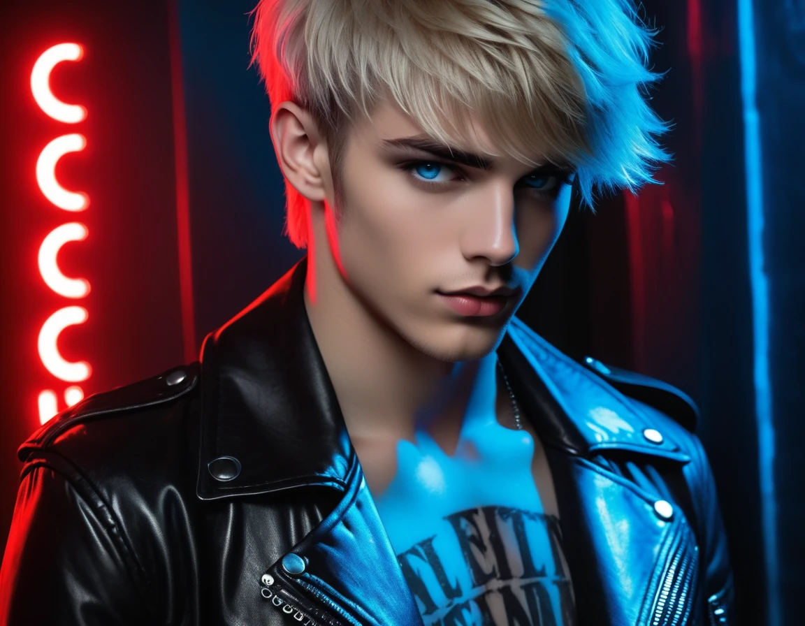 Hyper realistic, dark vibes, solo, attractive young guy, male, 22 years, (holding knife:1.1) pale skin, blue eyes, (short textured blond hair:1.1), layered bangs, gothic black leather jacket, black eyeliner, dark lighting, in luxury BDSM room, (smirk:1.1), (visible neon red crescent moon writing sign in background text "CONTEXT" in blue:1.1)