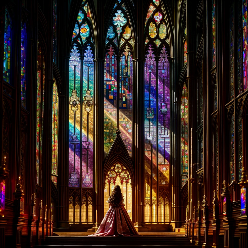 Red carpet (Cathedral from below:1.28) VolumetricLighting (FullBody ZoomedOut:1.28 Wide-shot) ZoomLayer (BokeH:1.32), TopQuality 8K masterpiece of ((Professional photo)), (((Clarisse de Cagliostro))) (Detailed Delicate White Dresses), Chain, Extremely detailed (KAWAII face) {(VeiledFace)|BlondeHair|(Spanking BuleEyes)}, The background is distant (((Elaborate stained glass))) Rainbow Glass, (MysticSight) {(GodRays)|Haze|TyndallEffect}, Radiant PearlSkin with Transparency, (Exposed:0.38)