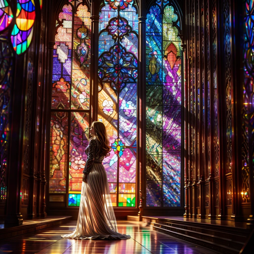 Red carpet (Cathedral from below:1.28) VolumetricLighting (FullBody ZoomedOut:1.28 Wide-shot) ZoomLayer (BokeH:1.32), TopQuality 8K masterpiece of ((Professional photo)), (((Clarisse de Cagliostro))) (Detailed Delicate White Dresses), Chain, Extremely detailed (KAWAII face) {(VeiledFace)|BlondeHair|(Spanking BuleEyes)}, The background is distant (((Elaborate stained glass))) Rainbow Glass, (MysticSight) {(GodRays)|Haze|TyndallEffect}, Radiant PearlSkin with Transparency, (Exposed:0.38)