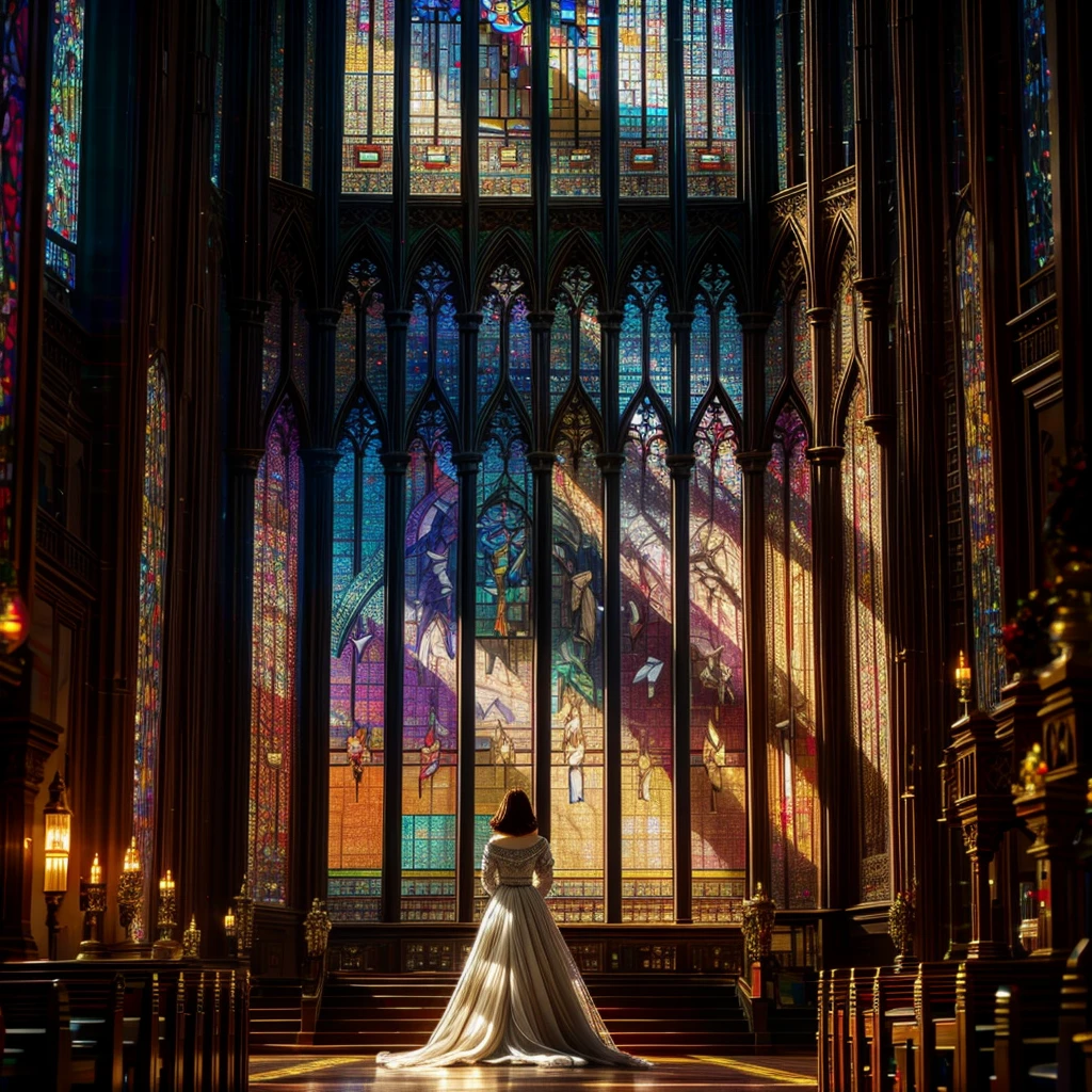 Red carpet (Cathedral from below:1.28) VolumetricLighting (FullBody ZoomedOut:1.28 Wide-shot) ZoomLayer (BokeH:1.32), TopQuality 8K masterpiece of ((Professional photo)), (((Clarisse de Cagliostro))) (Detailed Delicate White Dresses), Chain, Extremely detailed (KAWAII face) {(VeiledFace)|BlondeHair|(Spanking BuleEyes)}, The background is distant (((Elaborate stained glass))) Rainbow Glass, (MysticSight) {(GodRays)|Haze|TyndallEffect}, Radiant PearlSkin with Transparency, (Exposed:0.38)