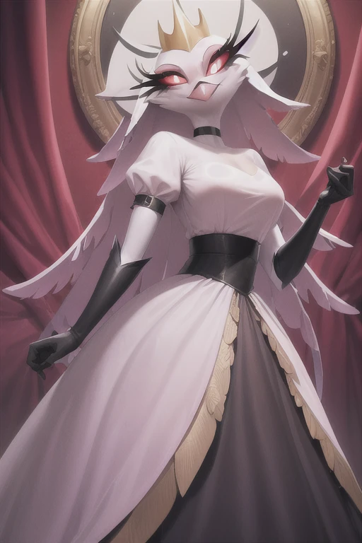 (best quality, masterpiece:1), furry female anthro stella, owl, portrait, stelladress, white dress, black belt, pink beak, standing, gold crown, looking to the side, closed mouth, smile, wide-eyed, white pupils, elbow gloves, choker, pink gradient dress, white cape