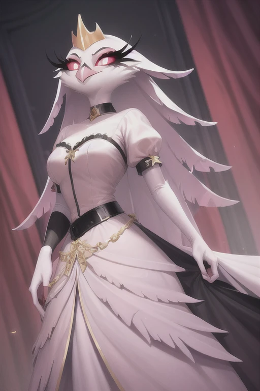 (best quality, masterpiece:1), furry female anthro stella, owl, portrait, stelladress, white dress, black belt, pink beak,  standing, gold crown, looking to the side, closed mouth, smile, wide-eyed, white pupils, elbow gloves, choker, pink gradient dress, white cape