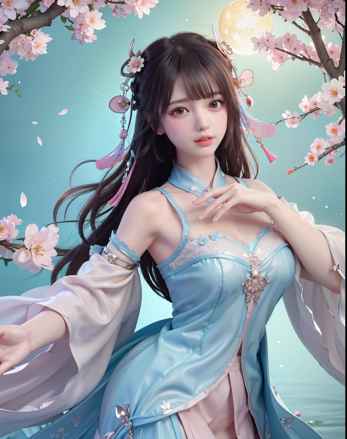 (8k, RAW photo:1.2), best quality, ultra high res,dramatic angle,(fluttered detailed color splashs), (illustration),(((1 girl))),(long hair),(rain:0.9), (Headdress:1.4),There is an ancient palace beside the girl,Hanfu,(Key Points),Color ink painting,(Splash of Color),Splash of Color,(((colorful))),(sketch:0.8) , Masterpiece, best quality, beautiful painted, highly detailed,(denoising:0.6),[splash ink],((ink refraction)), (beautiful detailed sky),moon,highly,detaild,(masterpiece, best quality, extremely detailed） CG Unity 8k Wallpaper，masterpiece，best quality，Ultra Detailed），（Lycoris）. hanfu open v   open V-chested clothes Thin silk lace dress , (huge ，cleavage),, white pink, blue ，best qualtiy，tmasterpiece，Ultra-high resolution，（Reality：1.4），RAW photogr，（True skin texture：1.3），（filmgrain：1.3），（Selfie angle），1个Giant Breast Girl，Beautiful eye and face details，tmasterpiece，Best quality at best，，The chest more exposed， detailed hair, bra pink , detail 8k, upper body, lace petticoat