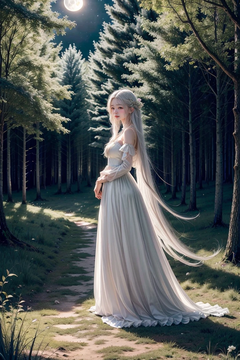 1 girl, (long white hair), (wearing ankle length white gown), (girl walking across a meadow), (side-view), Ethereal fantasy concept art, fantasy artwork, intricate artwork,(full body portrait:1.2), (Spirit of the Moon), (long white hair), (blue eyes), magnificent, celestial, ethereal, magical, fantasy art, dreamy, elegant, beautiful, (background is a dark forest at night), (dark sky, full moon), fireflies, ((best quality)), ((masterpiece)), (detailed), 