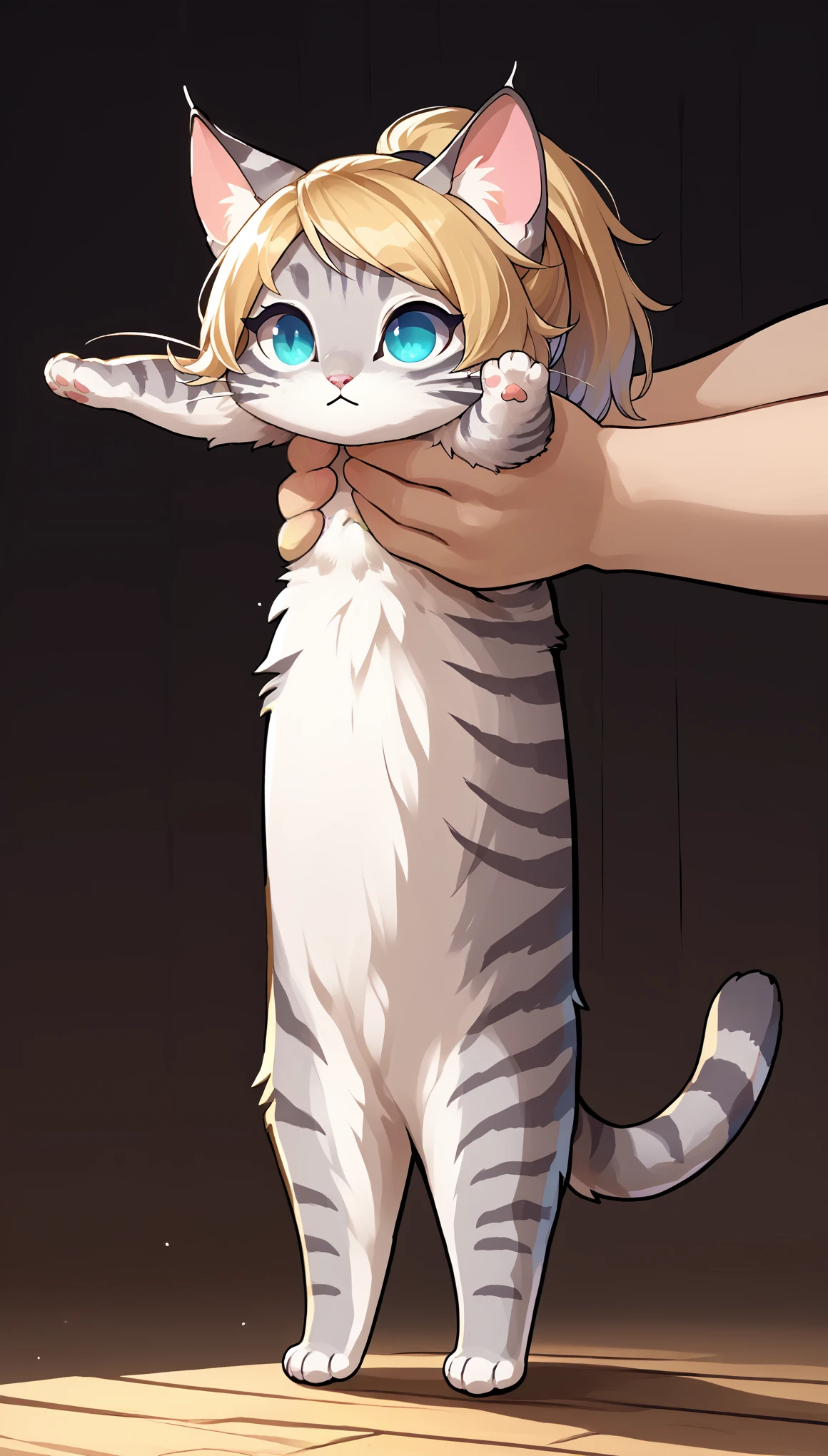 score_9, score_8_up, score_7_up, score_6_up, BREAK source_anime, IncrsXLLCM, full body, chibi, Kat, feral, golden blonde hair in a ponytail, silver fur, grey stripes, :3, white whiskers, pink nose, no humans, blue eyes,