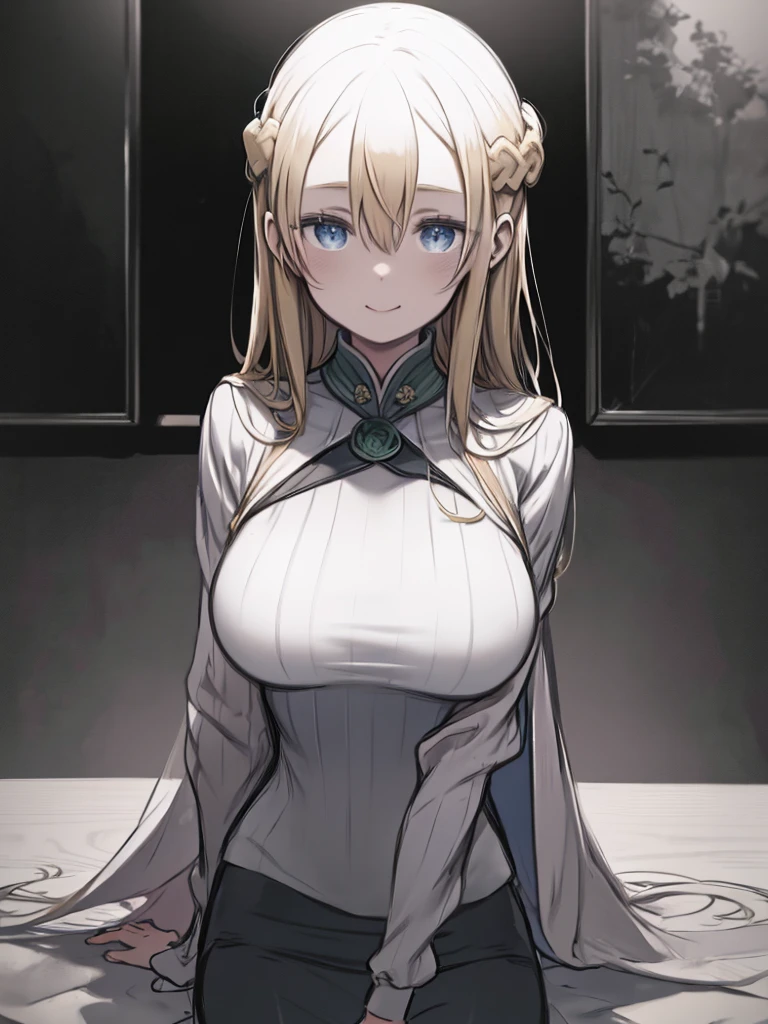High Contrast, One Girl, sketch, Monochrome, Clean line art for coloring books、Blonde Hair、long hair、Braid、Hair between the eyes、Blue Eyes、Green Turtleneck Sweater、Big Breasts、Huge breasts、Cape、Pencil Skirt、Smiling、Upper Body、Watching the audience、Inside the log house、Round table、Flowers in a vase on the table、
