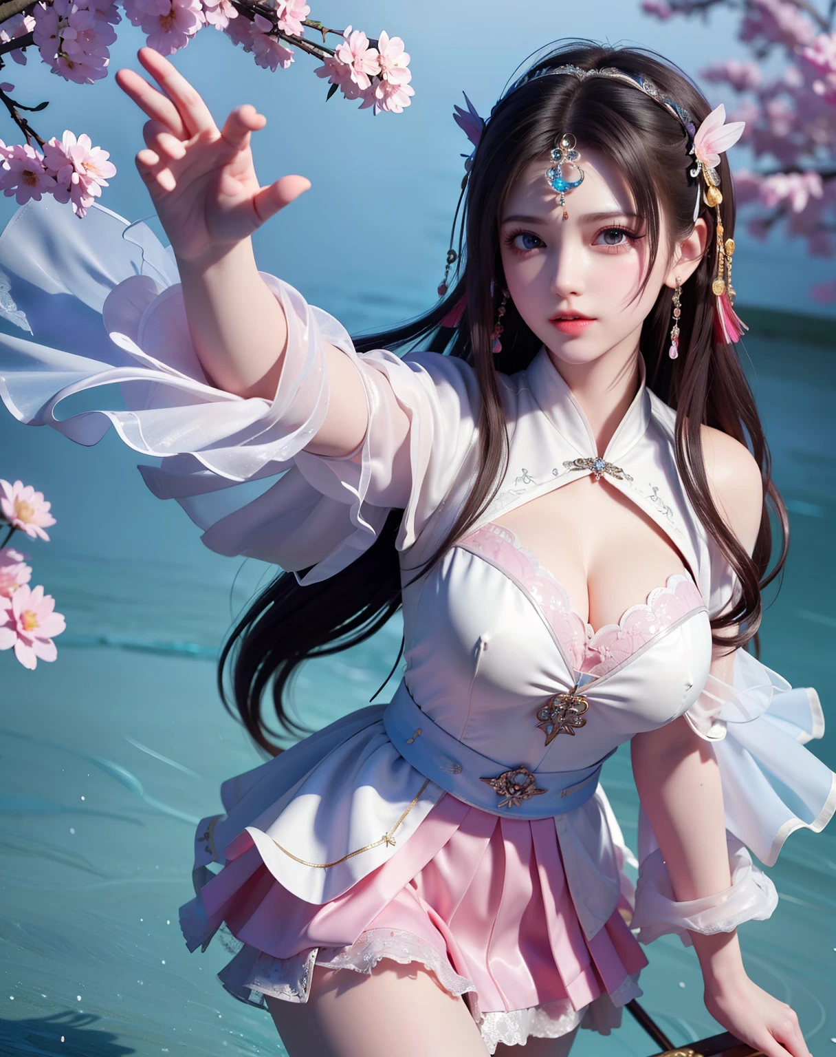 (8k, RAW photo:1.2), best quality, ultra high res,dramatic angle,(fluttered detailed color splashs), (illustration),(((1 girl))),(long hair),(rain:0.9), (Headdress:1.4),There is an ancient palace beside the girl,Hanfu,(Key Points),Color ink painting,(Splash of Color),Splash of Color,(((colorful))),(sketch:0.8) , Masterpiece, best quality, beautiful painted, highly detailed,(denoising:0.6),[splash ink],((ink refraction)), (beautiful detailed sky),moon,highly,detaild,(masterpiece, best quality, extremely detailed） CG Unity 8k Wallpaper，masterpiece，best quality，Ultra Detailed），（Lycoris）.shoulder ballet dress open V-chested clothes Thin silk lace dress short skirt , (huge ，), white pink and blue  and purple，best qualtiy，tmasterpiece，Ultra-high resolution，（Reality：1.4），RAW photogr，（True skin texture：1.3），（filmgrain：1.3），（Selfgle），1个Giant Breast Girl，Bul eye and face details，tmasterpiece，Best quality at best，，The chest more exposed， detailed hair, bra pink , detail 8k, full body, lace petticoat. 
