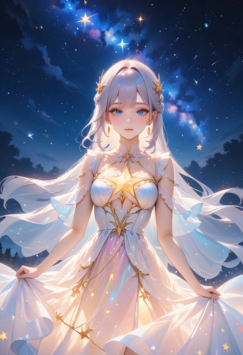 (Masterpiece,best quality,absurdres,4k,8k,highres:1.3), girl wearing an ethereal translucent dress made of starry_sky_print, magical, fantasy, whimsical, complex drawing, highly detailed, ethereal, starry night, vibrant,ai-generated