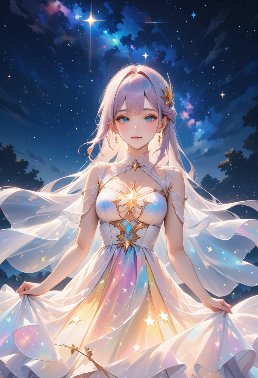 (Masterpiece,best quality,absurdres,4k,8k,highres:1.3), girl wearing an ethereal translucent dress made of starry_sky_print, magical, fantasy, whimsical, complex drawing, highly detailed, ethereal, starry night, vibrant,ai-generated