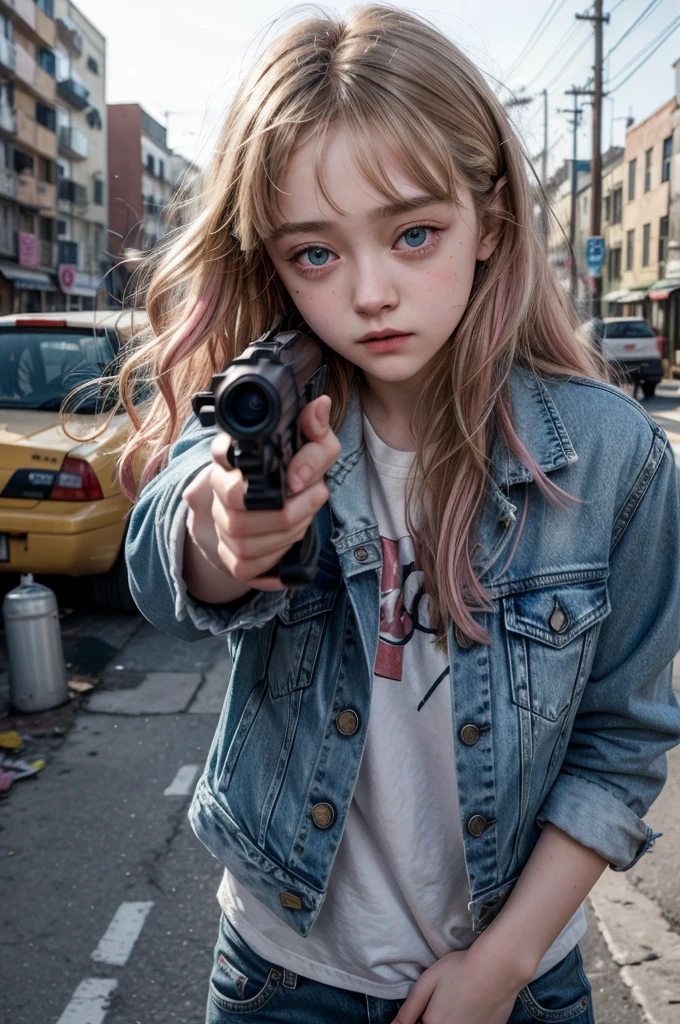 Dakota fanning with wavy hair, 15 years, city scene, slum, Look at the viewer, dirty face, firing a gun (glock 9mm), foreshortening, messy hair, pink highlights, denim jacket