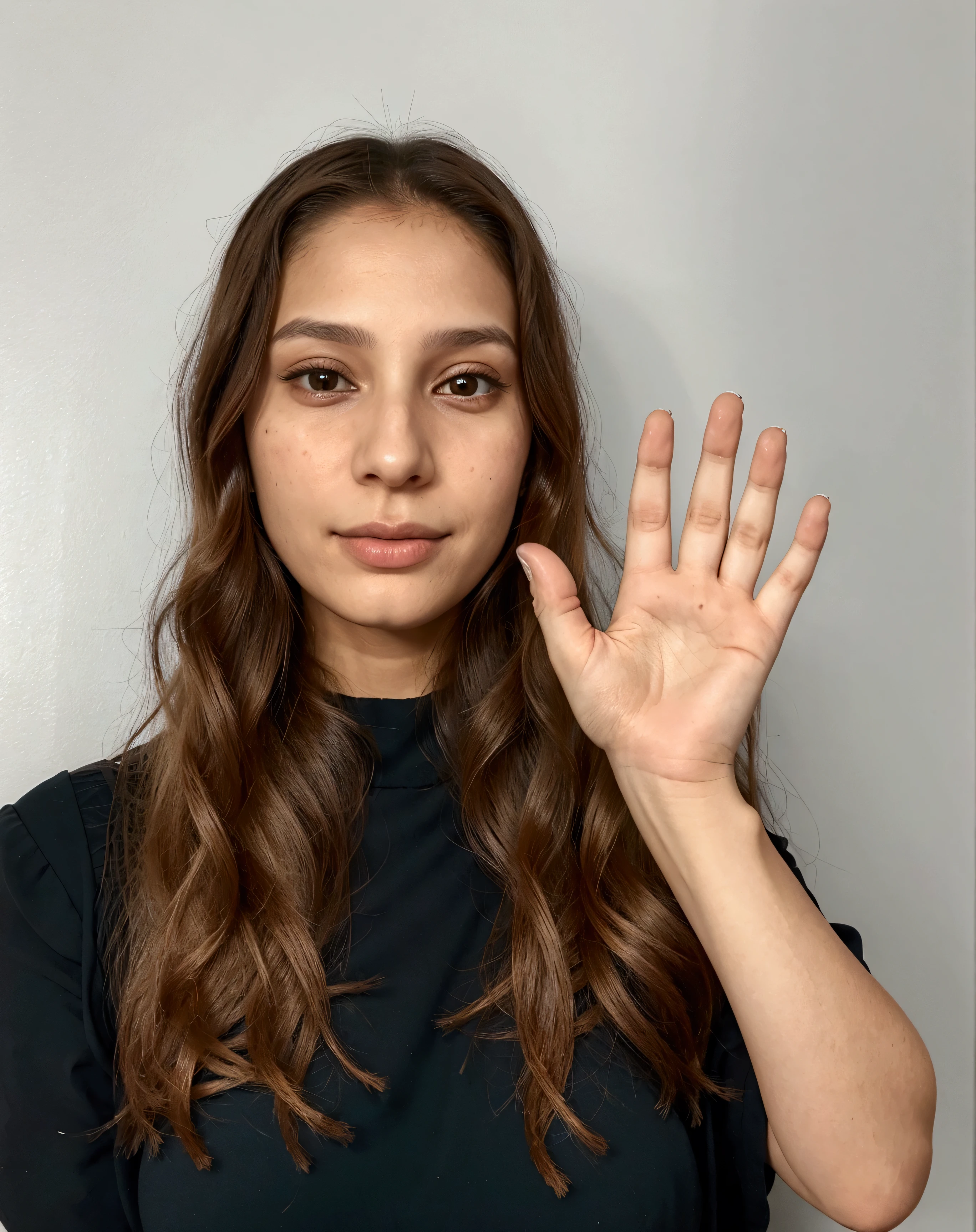 there is a woman with long hair holding her hand up, wave a hand at the camera, waving at the camera, 30-year-old woman from cuba, hand instead of a face, partially cupping her hands, exactly 5 fingers, hand gesture, malika favre, bump in form of hand, without makeup, hands not visible, raised hand make it ultra relistic skin   and face 