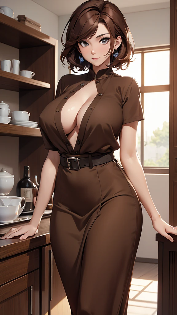 (masterpiece), (4k), ) (vivid colors), (evening light) 40 year old woman with short brown hair, dressed as an ordinary housewife with a long simple brown dress and a black belt with a seductive pose and look, huge and very sagging chest