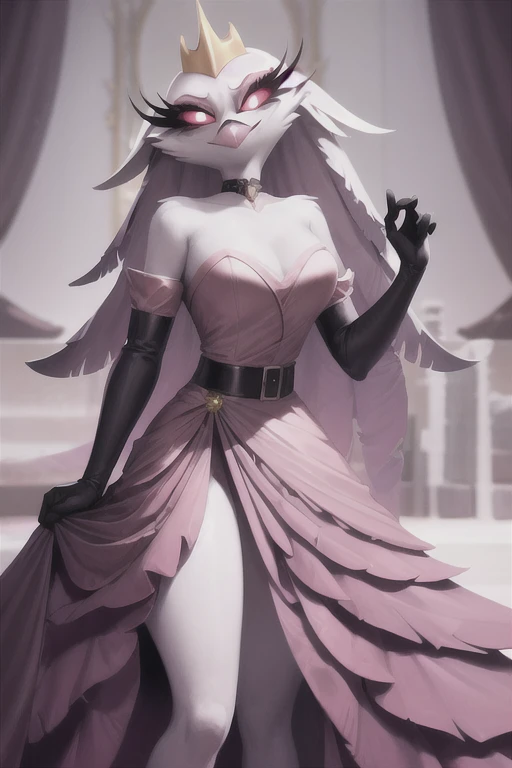 (best quality, masterpiece:1), furry female anthro stella, owl, portrait, stelladress, white dress, black belt, pink beak, gold crown, closed mouth, smile, wide-eyed, white pupils, elbow gloves, choker, pink gradient dress, white cape, cloak, 