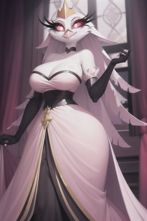 (best quality, masterpiece:1), furry female anthro stella, owl, portrait, stelladress, white dress, black belt, pink beak, gold crown, closed mouth, smile, wide-eyed, white pupils, elbow gloves, choker, pink gradient dress, white cape, cloak, 