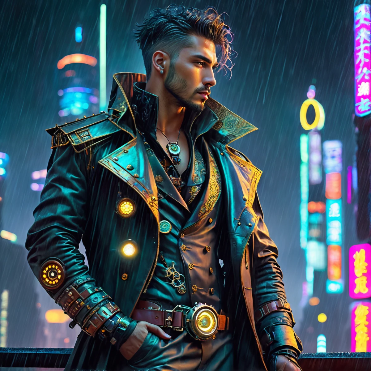 man, steampunk, 28 years old, amazing details, masterpiece , best quality, cyberpunk, in heavy raining futuristic tokyo rooftop cyberpunk night, sci-fi, fantasy, intricate, very very handsome, elegant villain, neon light, highly detailed, digital painting, artstation, concept art, soft light, hdri, smooth, sharp focus, illustration