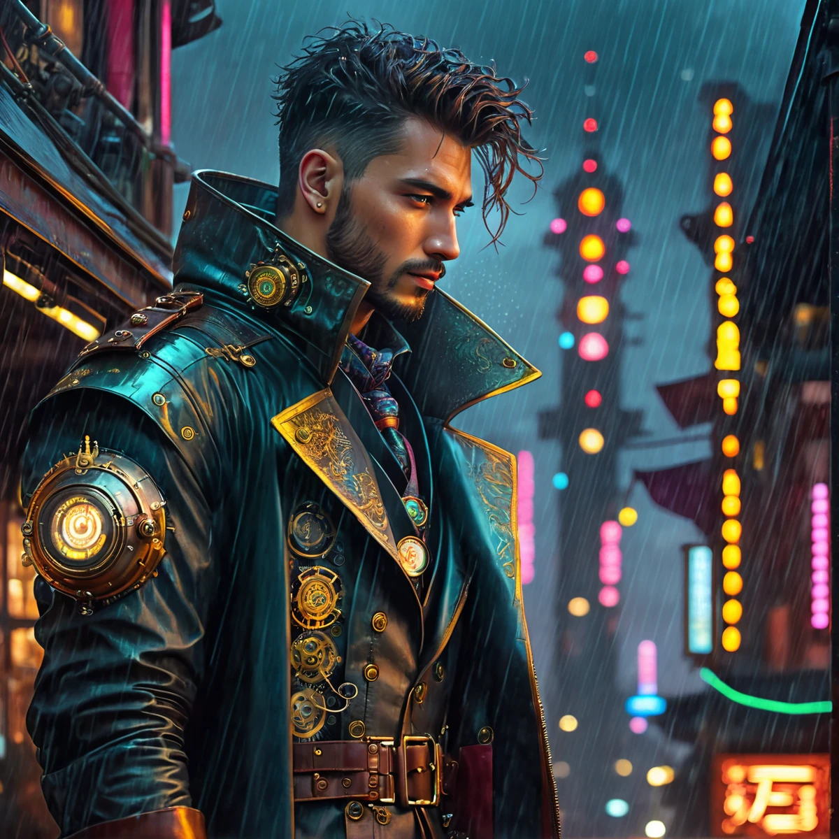 man, steampunk, 28 years old, amazing details, masterpiece , best quality, cyberpunk, in heavy raining futuristic tokyo rooftop cyberpunk night, sci-fi, fantasy, intricate, very very handsome, elegant villain, neon light, highly detailed, digital painting, artstation, concept art, soft light, hdri, smooth, sharp focus, illustration