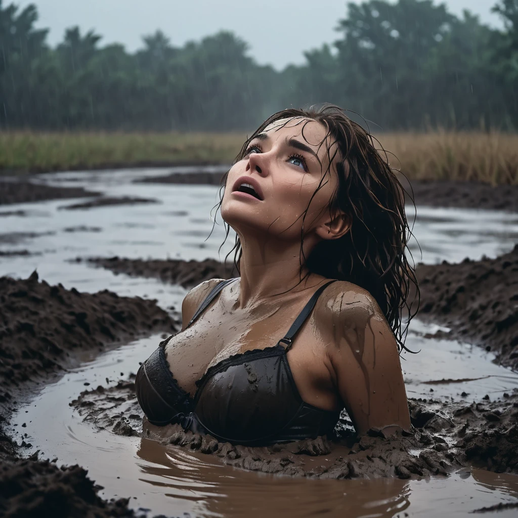 8k, ultra-detailed, documentary drama photo, grainy film photo, masterpiece,muted colors, muffled light, dusk, rainy, moody, noir, orgasm expression:1.4, drowning, woman messy head completely drown in mud hole, messy muddy brunette hair, from side, wearing black bra, looking up,