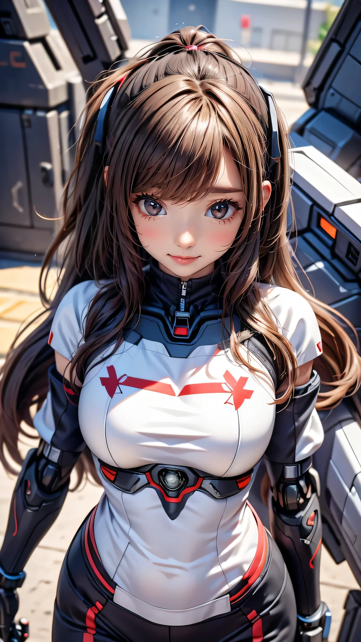 ((1girl:1.5),(embroidered cybernetic body:1.5),large breast,(mecha armor:1.5)),(Highest image quality, outstanding details, ultra-high resolution, (realism: 1.4), the best illustration, favor details, highly condensed 1girl,(Sense of presence:1.5),(Dynamic:1.5),(bold:1.5)),(thin hair:1.8),(straight hair:1.5),(Swept long bangs:1.5),(extra light coppery amber hair),((hair over one eye:1.2)),stretching,the background is a high-tech lighting scene of the future city