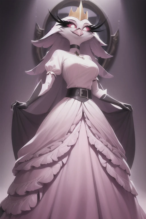(best quality, masterpiece:1), furry female anthro stella, owl, portrait, stelladress, white dress, black belt, pink beak, gold crown, closed mouth, lomg skirt, smile, wide-eyed, white pupils, elbow gloves, choker, pink gradient dress, white cape, cloak,