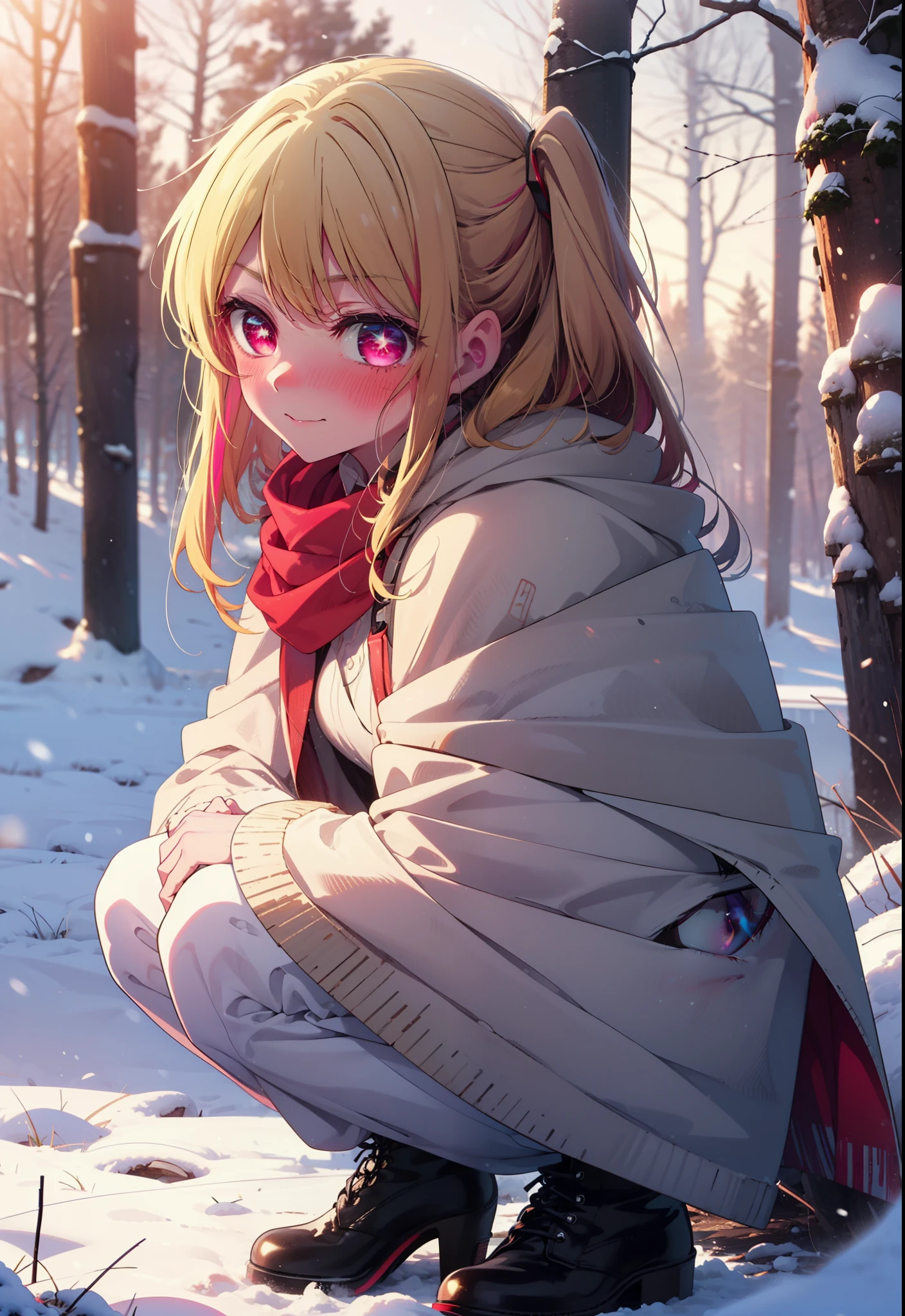rubyhoshino, Hoshino Ruby, Long Hair, bangs, blonde, (Pink Eyes:1.3), Side Lock, (Symbol-shaped pupil:1.5), Multicolored Hair, Two-tone hair, smile,,smile,blush,white breath,
Open your mouth,snow,Ground bonfire, Outdoor, boots, snowing, From the side, wood, suitcase, Cape, Blurred, , forest, White handbag, nature,  Squat, Mouth closed, Cape, winter, Written boundary depth, Black shoes, red Cape break looking at viewer, Upper Body, whole body, break Outdoor, forest, nature, break (masterpiece:1.2), Highest quality, High resolution, unity 8k wallpaper, (shape:0.8), (Beautiful and beautiful eyes:1.6), Highly detailed face, Perfect lighting, Highly detailed CG, (Perfect hands, Perfect Anatomy),