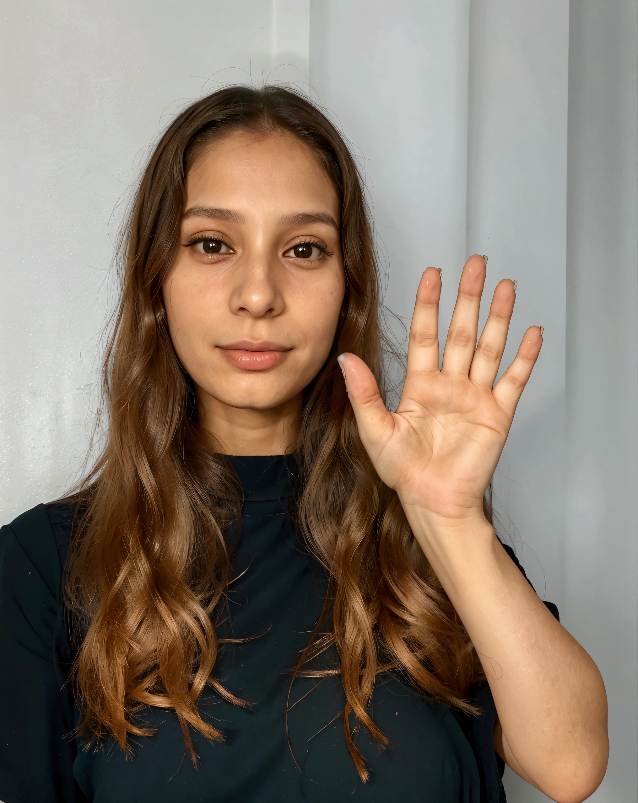 there is a woman with long hair holding her hand up, wave a hand at the camera, waving at the camera, 30-year-old woman from cuba, hand instead of a face, partially cupping her hands, exactly 5 fingers, hand gesture, malika favre, bump in form of hand, without makeup, hands not visible, raised hand