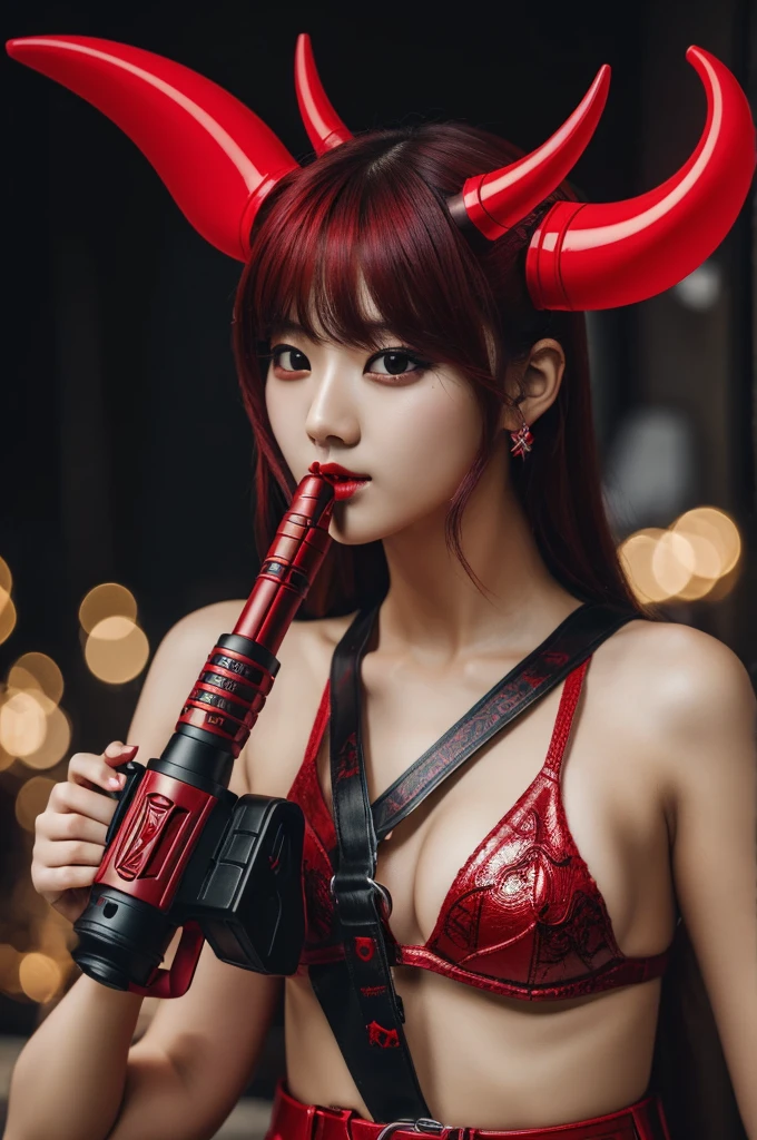 ((best quality)), ((masterpiece)), (detailed), A K-pop Lightstick, that is a red gun with devil horns that says IMP, the name of the group