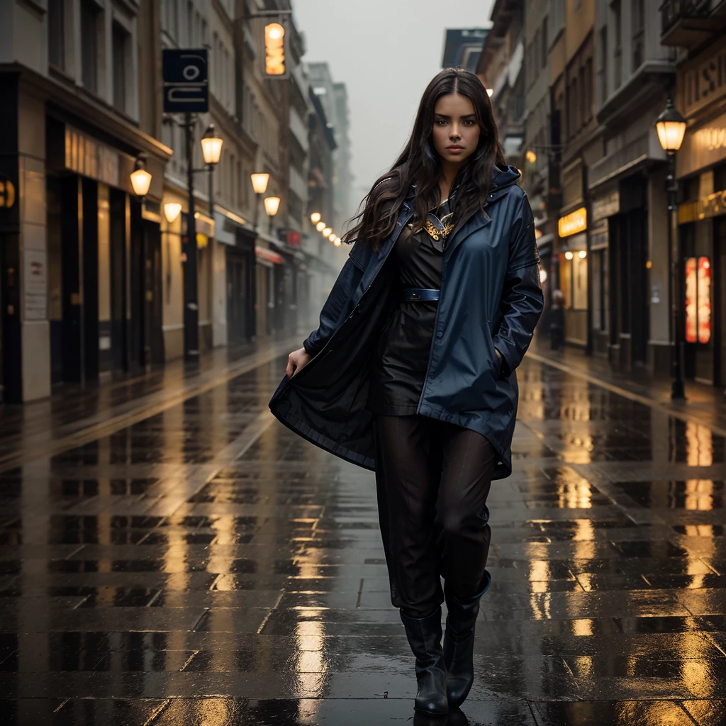 adriana lima, thick brown hair, Hot , Ukrainian girl, wavy brown hair, Dasha Taran, pretty beautiful brunette, (solo one girl : 2.0), 1girl, Moody atmospheric photorealistic photography of a lone figure in 5k, lost in the rhythmic beauty of dancing in the rain, captured in a mesmerizing medium of fine art film, with deliberate lens distortion and shallow focus, exuding a sense of romantic melancholy, in a palette of deep blues and greys, punctuated by flashes of warm golden light, evoking a cinematic quality, with rain-kissed pavement glistening like diamonds, and wispy strands of hair clinging to the dancer's face, as the rain-soaked clothing clings to their slender frame, amidst a misty, urban cityscape.

