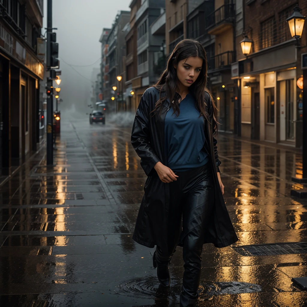 adriana lima, thick brown hair, Hot , Ukrainian girl, wavy brown hair, Dasha Taran, pretty beautiful brunette, (solo one girl : 2.0), 1girl, Moody atmospheric photorealistic photography of a lone figure in 5k, lost in the rhythmic beauty of dancing in the rain, captured in a mesmerizing medium of fine art film, with deliberate lens distortion and shallow focus, exuding a sense of romantic melancholy, in a palette of deep blues and greys, punctuated by flashes of warm golden light, evoking a cinematic quality, with rain-kissed pavement glistening like diamonds, and wispy strands of hair clinging to the dancer's face, as the rain-soaked clothing clings to their slender frame, amidst a misty, urban cityscape.