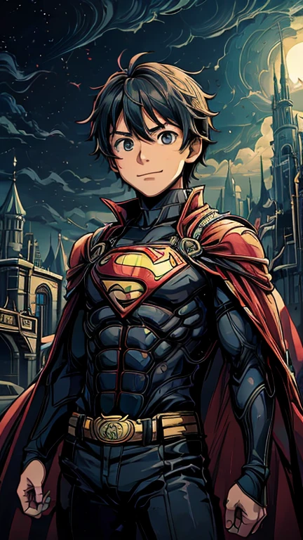 (8k),(masterpiece),(Japanese),(13-year-old boy),((innocent look)),((Childish)),From the front,Cowboy shot, upper body, smile,cute,Innocent,Kind eyes,Flat chest, DC Superman superhero, red cape, short,Hair blowing in the wind, Black Hair,Strong wind,midnight,dark, pitch black,gothichorrorai Metropolis City,