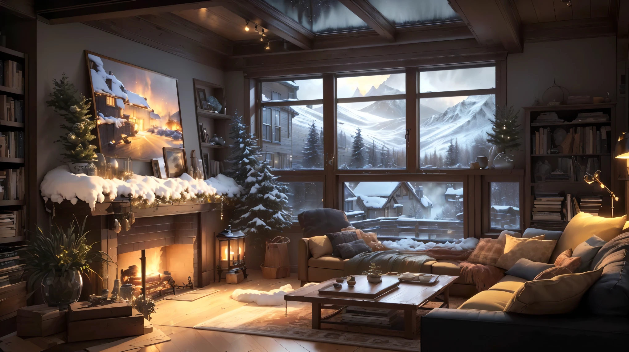 airy living room with fireplace and large window, cozy home background, 4k detailed concept art, cozy wallpaper, cozy living room background, winter concept art, High-detail 8K concept art, cozy envirnment, ultra realistic concept art, photorrealistic concept art, unreal engine rendering concept art, cozy living room, highly detailed digital art in 4k