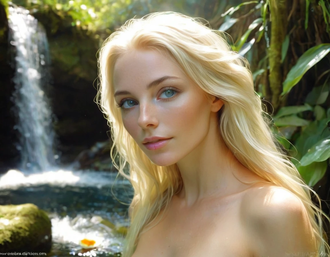 photo-realistic image of ((a beautiful nude elf woman with fair skin)), (light blonde hair), and striking blue-green eyes. Elaria, an elven priestess of love, stands under a small waterfall. Water cascades down her long, straight light hair, shimmering under the sunbeams filtering through the tree canopies. She tilts her head back, closes her eyes, and relaxes, enjoying the coolness of the water on her light skin. The water accentuates the perfect curves of her body, flowing smoothly over her shoulders and back. Around her neck is a decoration in the shape of a translucent white orchid. The waterfall is surrounded by a dense forest full of greenery and flowers, and at her feet, small colorful stones glisten.