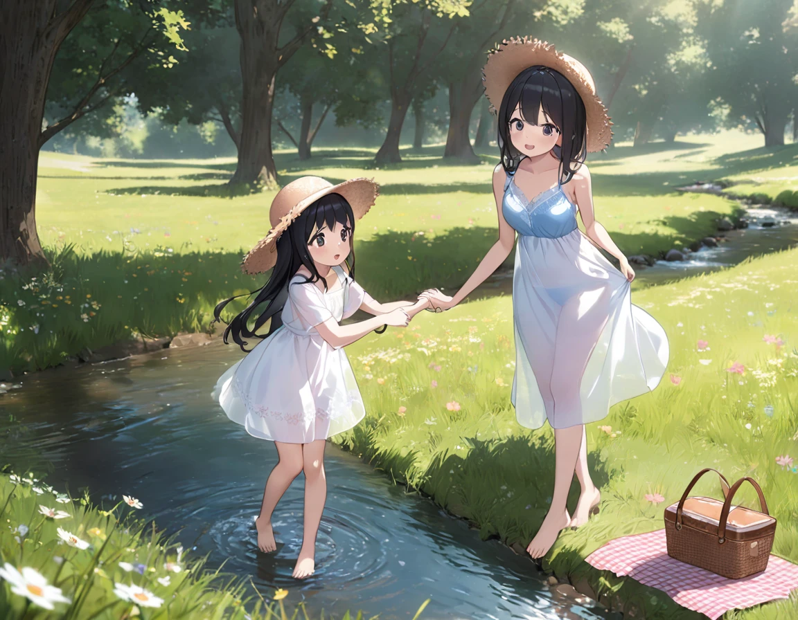 Straw hat、Girl with long black hair、(White dress、See-through blue bra)、(Underwear peeking out from under the dress、Showing off her cute pink underwear)、(barefoot、cute leather shoeoderately large、Standing posture、Two sisters around high school age holding hands、A meadow with a small stream running through it、picnic