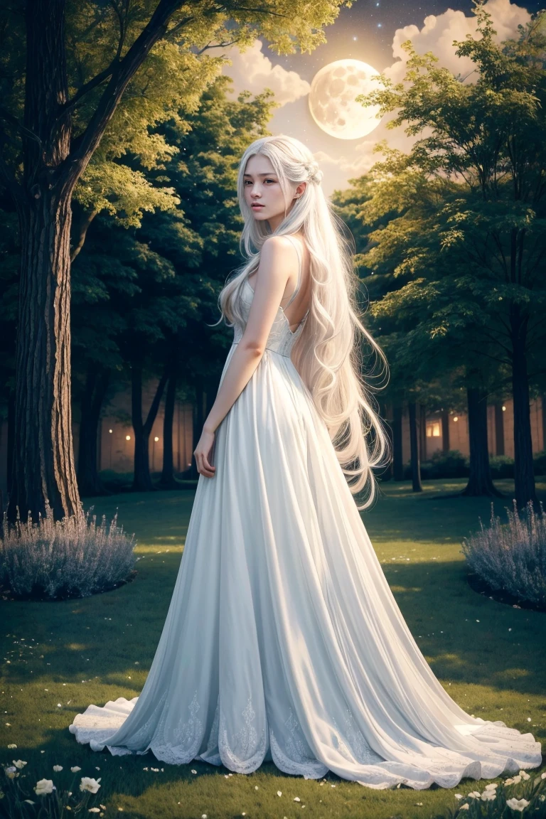 1 girl, (long white hair), (wearing ankle length white gown), (girl walking across a meadow), (side-view), Ethereal fantasy concept art, fantasy artwork, intricate artwork,(full body portrait:1.2), (Spirit of the Moon), (long white hair), (blue eyes), magnificent, celestial, ethereal, magical, fantasy art, dreamy, elegant, beautiful, (background is a wooded courtyard at night), (dark sky, full moon), fireflies, ((best quality)), ((masterpiece)), (detailed),