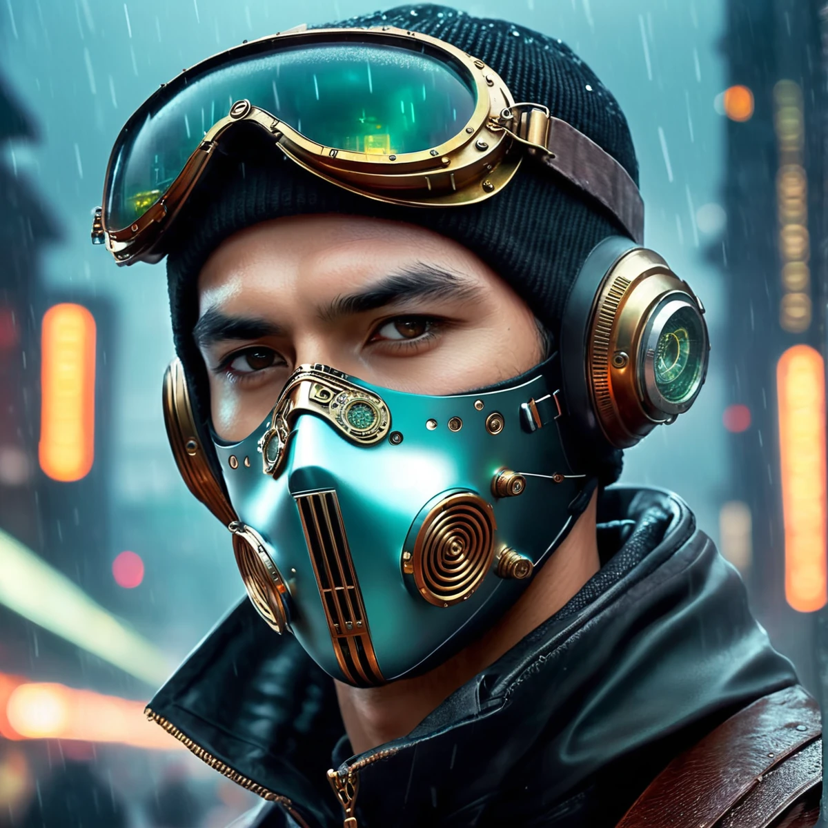 man, steampunk, 28 years old, wearing a face mask and a beanie, amazing details, masterpiece , best quality, cyberpunk, in heavy raining futuristic tokyo rooftop cyberpunk night, sci-fi, fantasy, intricate, very very handsome, elegant villain, neon light, highly detailed, digital painting, artstation, concept art, soft light, hdri, smooth, sharp focus, illustration