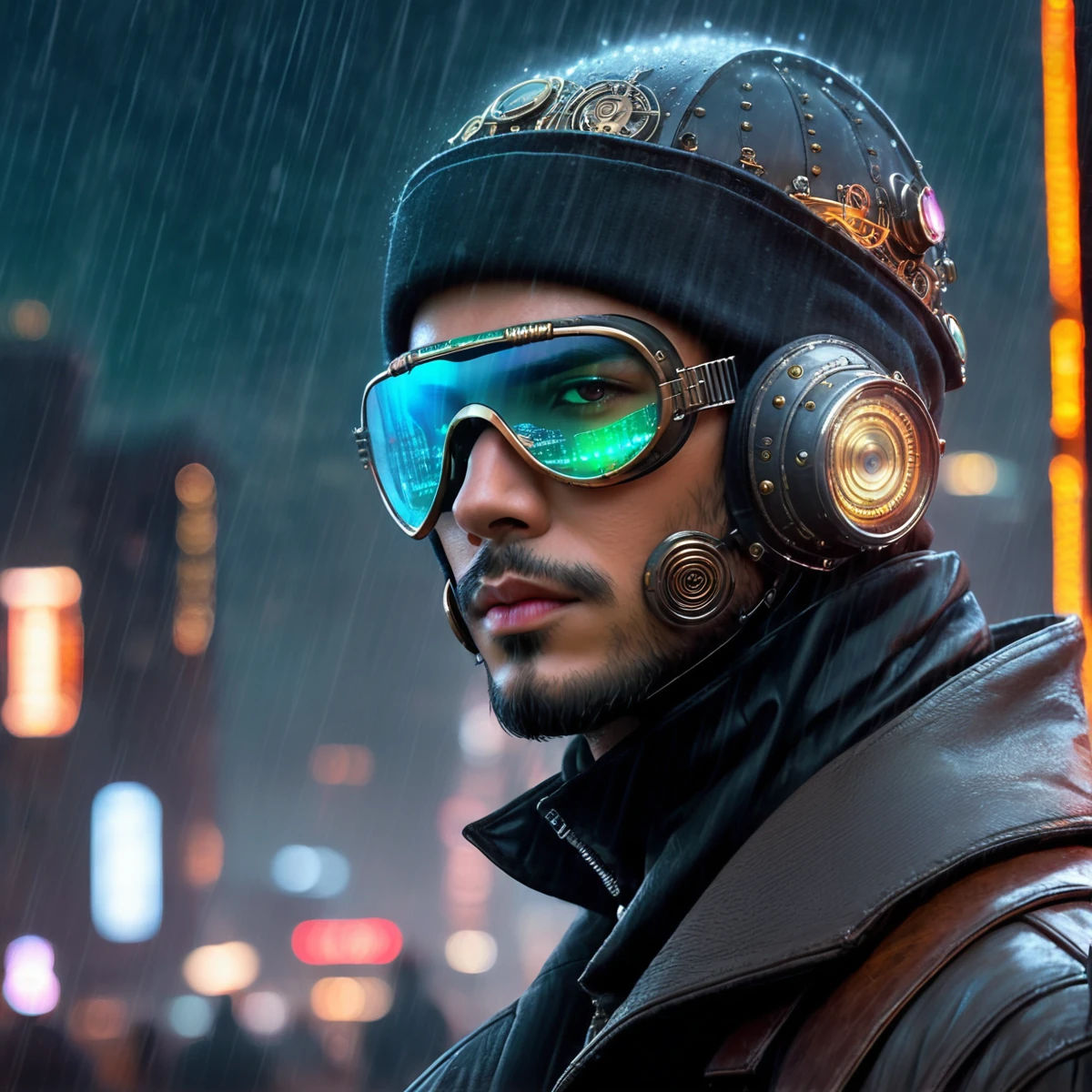 man, steampunk, 28 years old, wearing a face mask and a beanie, amazing details, masterpiece , best quality, cyberpunk, in heavy raining futuristic tokyo rooftop cyberpunk night, sci-fi, fantasy, intricate, very very handsome, elegant villain, neon light, highly detailed, digital painting, artstation, concept art, soft light, hdri, smooth, sharp focus, illustration