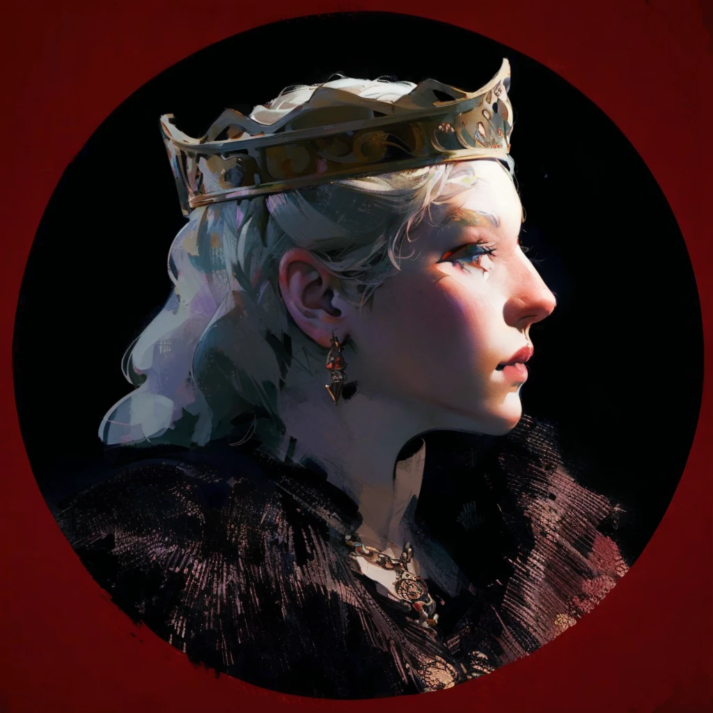 Beautiful albino woman with detailed braided medieval hairstyle (white hair), wearing detailed medieval gown (red and black colours), with gold accessories and gold tiara, medieval queen, medieval woman,queen,game of thrones style,daenerys targaryen style, high quality, very detailed,hd quality, masterpiece,(purple eye colour)