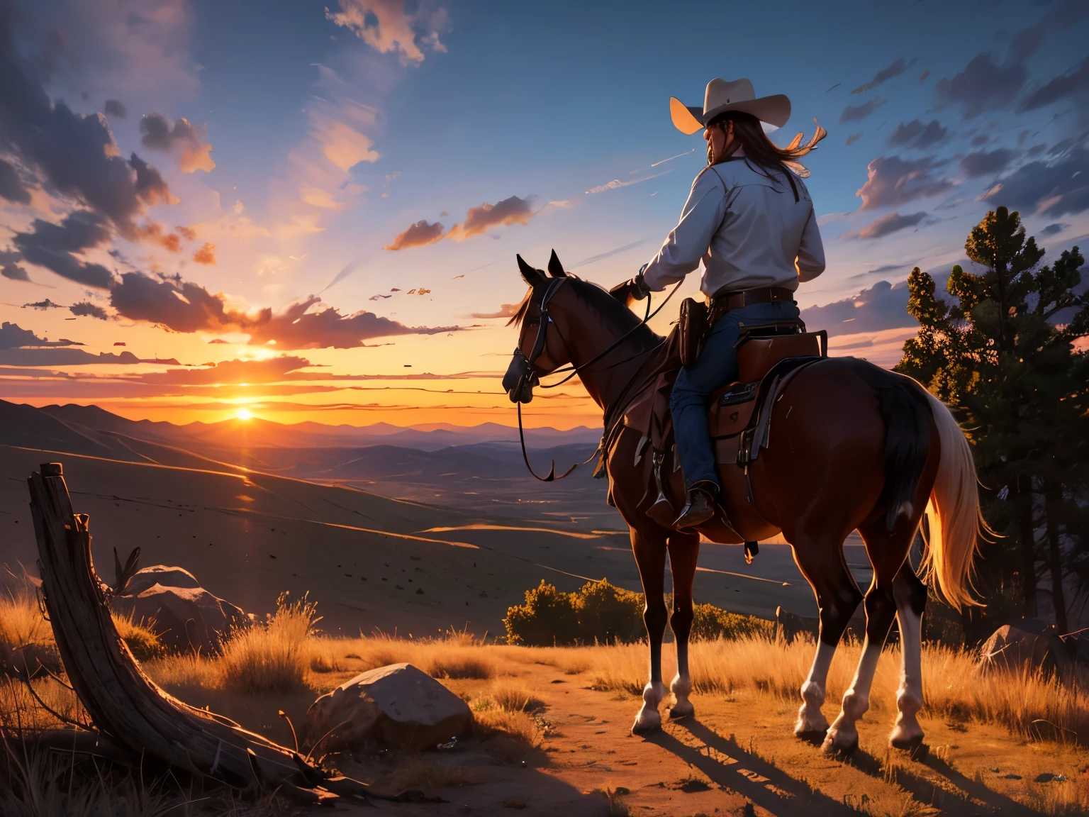 masterpiece, best quality, extremely detailed, Western Cowboy, wild life, american old west, sunset,