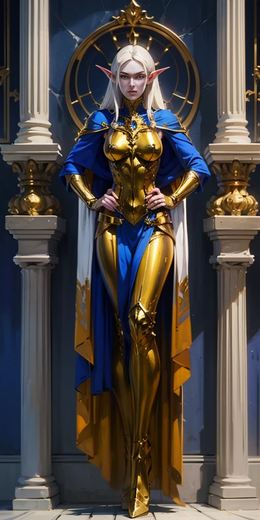 masterpiece, best quality, high quality, Erwin, elf, long hair, pale hair, yellow eyes, purple skin, deep blue cape with golden ornaments (1solofemale full body standing straight symmetrical, hands on hips)