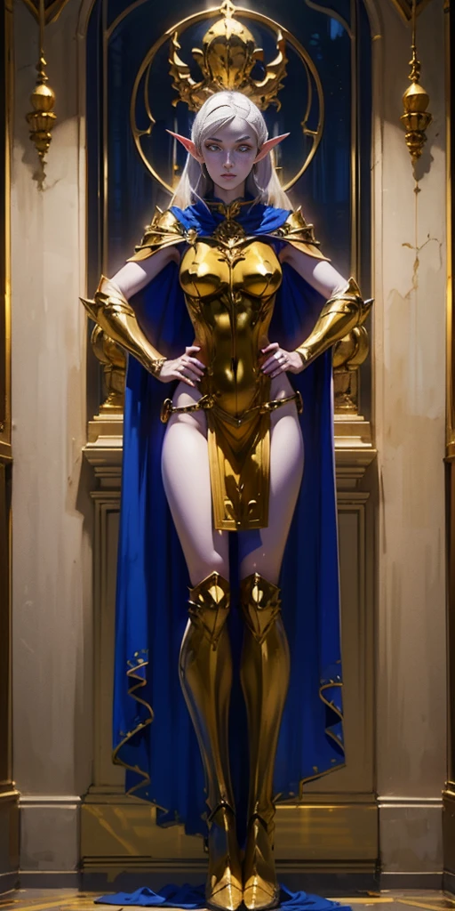 masterpiece, best quality, high quality, Erwin, elf, long hair, pale hair, yellow eyes, purple skin, deep blue cape with golden ornaments (1solofemale full body standing straight symmetrical, hands on hips) 