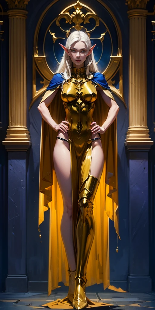 masterpiece, best quality, high quality, Erwin, elf, long hair, pale hair, yellow eyes, purple skin, deep blue cape with golden ornaments (1solofemale full body standing straight symmetrical, hands on hips)