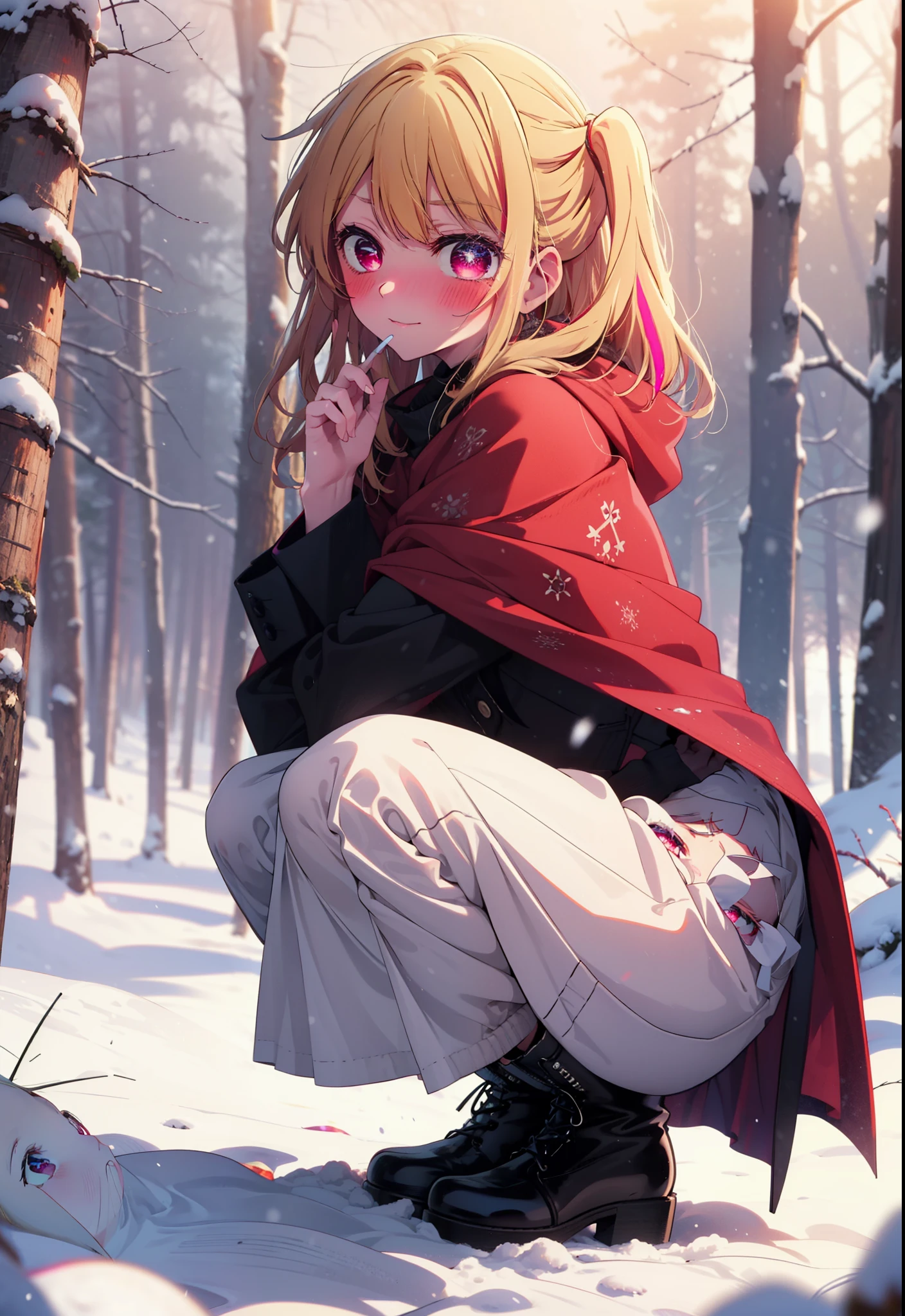 rubyhoshino, Hoshino Ruby, Long Hair, bangs, blonde, (Pink Eyes:1.3), Side Lock, (Symbol-shaped pupil:1.5), Multicolored Hair, Two-tone hair, smile,,smile,blush,white breath,
Open your mouth,snow,Ground bonfire, Outdoor, boots, snowing, From the side, wood, suitcase, Cape, Blurred, , forest, White handbag, nature, Squat, Mouth closed, Cape, winter, Written boundary depth, Black shoes, red Cape break looking at viewer, Upper Body, whole body, break Outdoor, forest, nature, break (masterpiece:1.2), Highest quality, High resolution, unity 8k wallpaper, (shape:0.8), (Beautiful and beautiful eyes:1.6), Highly detailed face, Perfect lighting, Highly detailed CG, (Perfect hands, Perfect Anatomy),