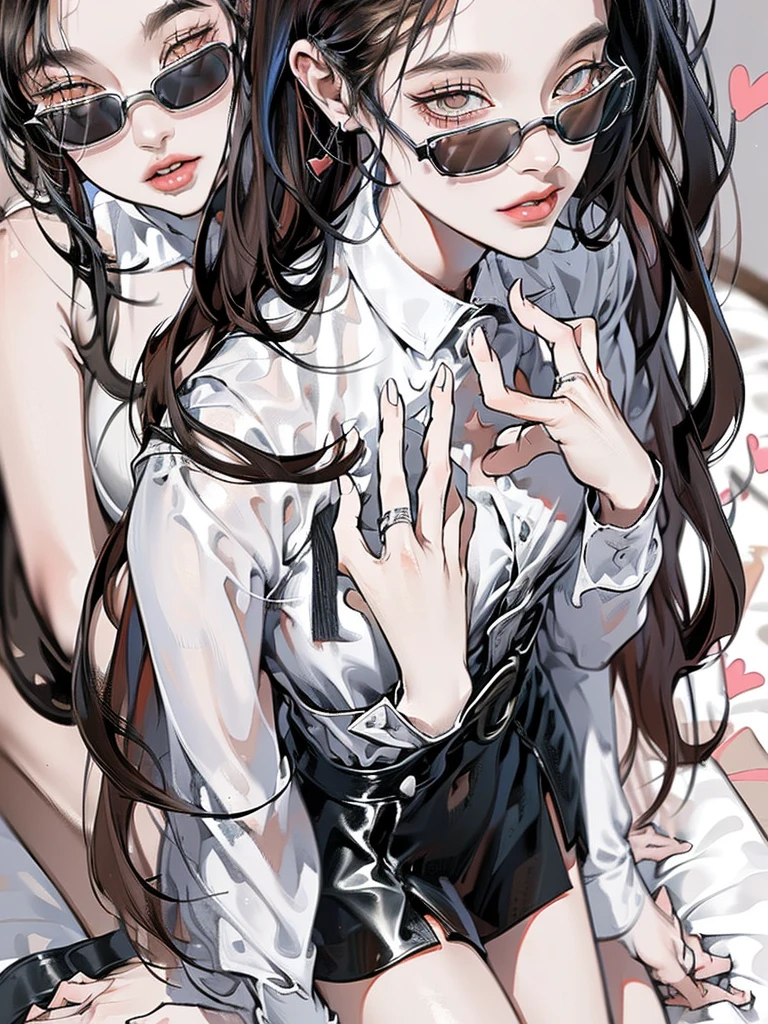 A long black hair girl, wears student uniform, night, sitting on bed, dim bedroom, black eyes, glossy lips, unbothered expression, judging expression, arrogant expression, evil girl, mean girl, villian, villianess, (elegant), (sexy), (devine), (brilliant), (splendid), tall, (mature), stunning, beautiful, aethereal, (1girl), full body, (full body), nipples, (luxury bedroom), hearts, shadow, dim light, cinematic, highest quality, extremely detailed, masterpiece, detailed background