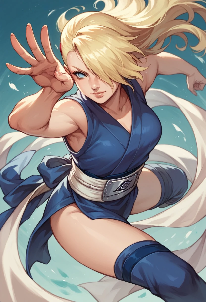 Hiperrealistic, naruto style, ino yamanaka, long blonde hair, blue ayes, beautiful face, hair over one eye, sexy pose, ninja girl, fight pose, kunai