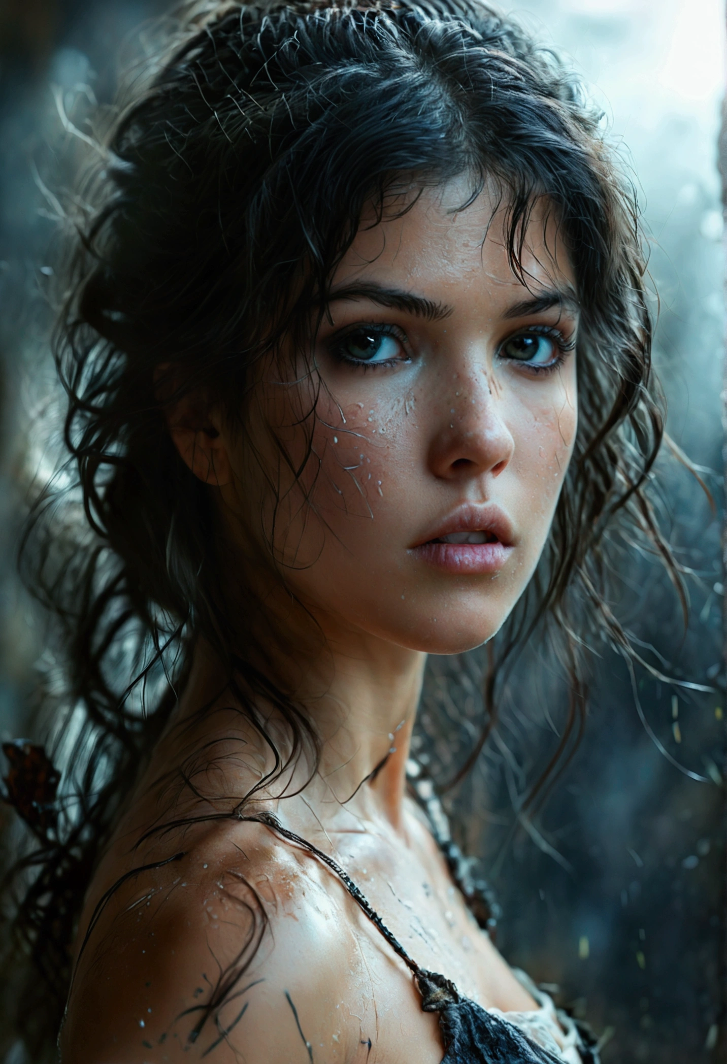 (best quality, High resolution, masterpiece, overhead view:1.20),ultradetailed, (Full body:1.5), standing:1.2, marie avgeropoulos, Height 162cm, Body weight 46kg, 20 age old, female warrior, topless , asymmetrical bangs, freckles, black hair, big curls, Long hair, dark eyes, posing lasciviously, gloomy ecstasy, dark atmosphere, mysterious aura, provoking Pose, strong emotions, through urgent look, intense shadow, Foggy background, Subtle color palette, rough terrain, threatening mood, A supernatural sensation,