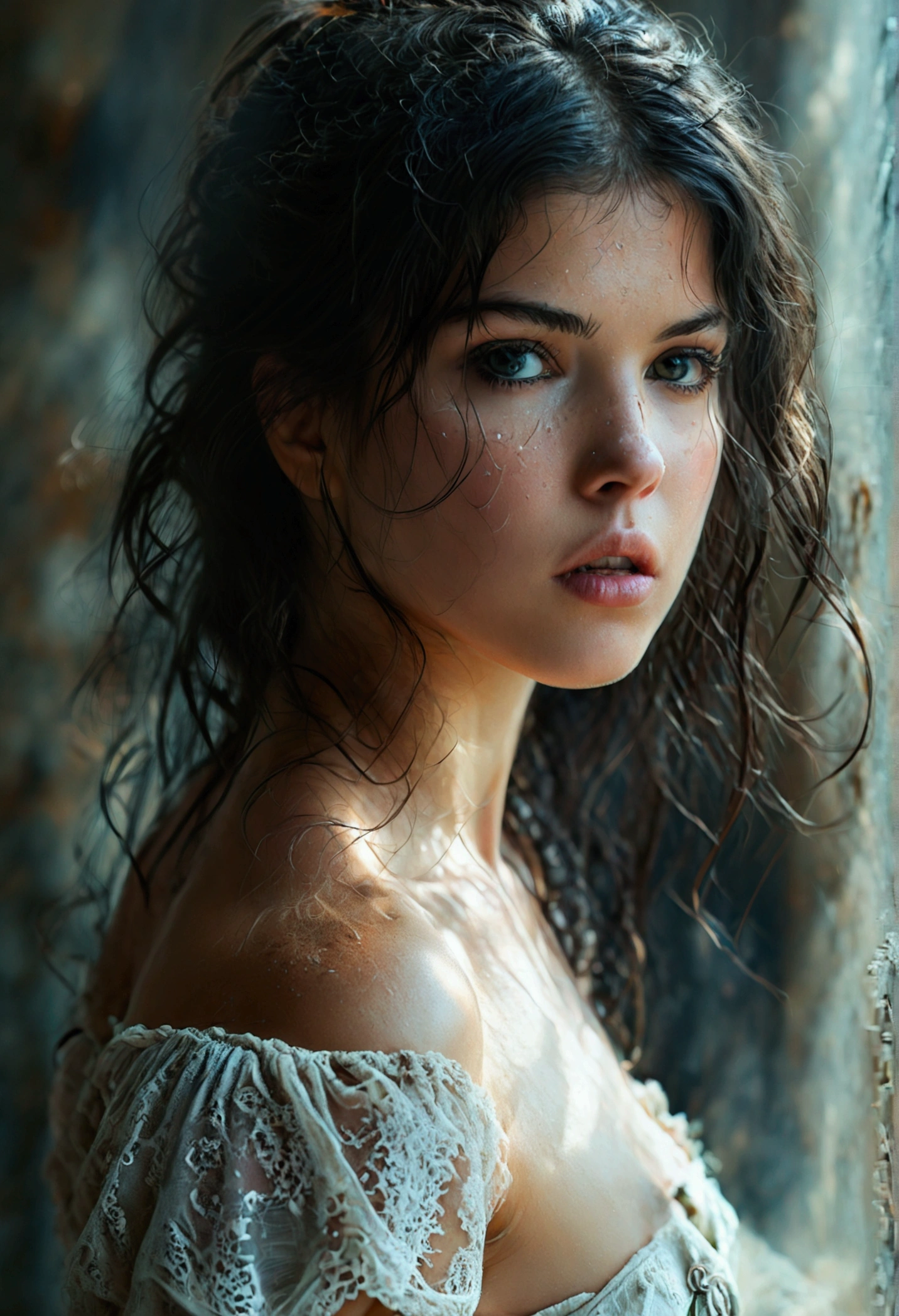 (best quality, High resolution, masterpiece, overhead view:1.20),ultradetailed, (Full body:1.5), standing:1.2, marie avgeropoulos, Height 162cm, Body weight 46kg, 20 age old, female warrior, topless , asymmetrical bangs, freckles, black hair, big curls, Long hair, dark eyes, posing lasciviously, gloomy ecstasy, dark atmosphere, mysterious aura, provoking Pose, strong emotions, through urgent look, intense shadow, Foggy background, Subtle color palette, rough terrain, threatening mood, A supernatural sensation,