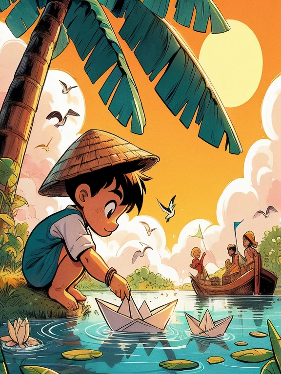 Draw an tintin style anime aerial comic simple art of an 4 year old indian ??? playing with paper boat in pond in an indian village, big banana tree, shade, clouds, vibrant sky, beautiful color palette, vibrant saturated colors